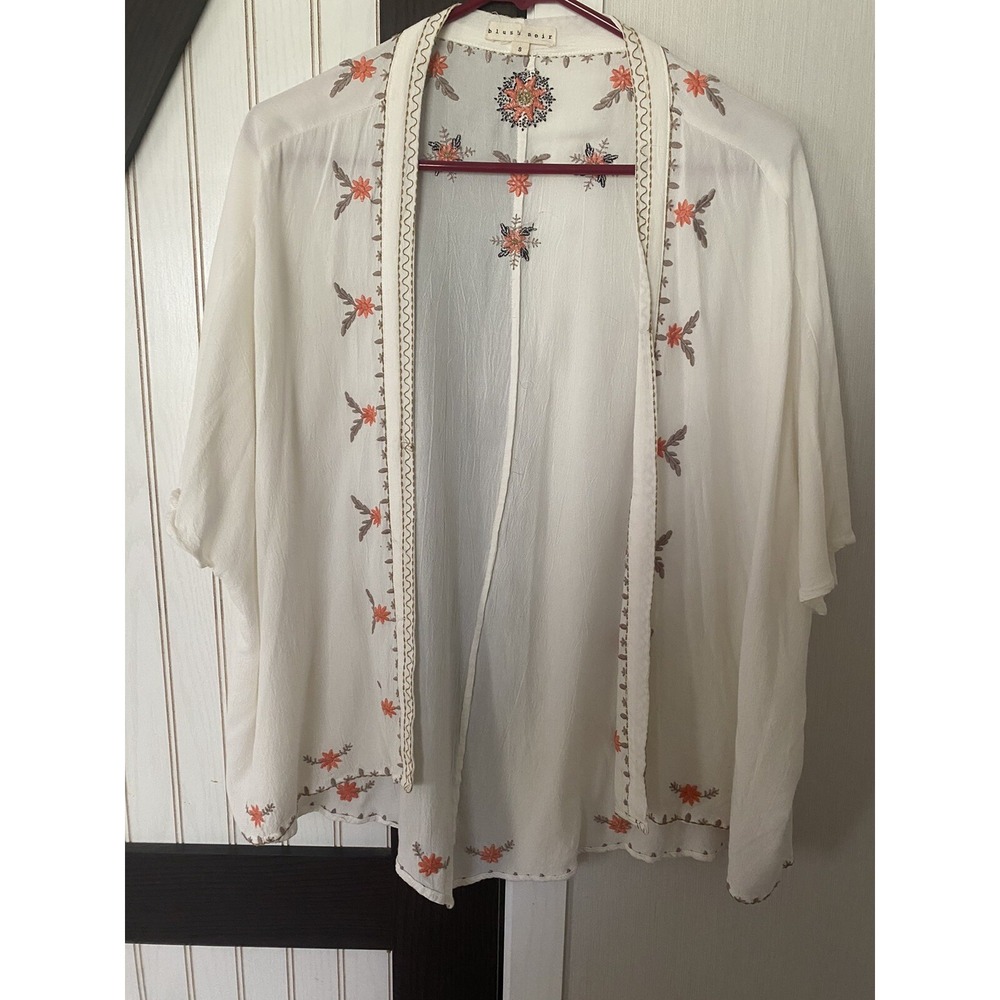 Blush Noir Embroidered Kimono Wrap Ivory Floral Boho Cardigan Small
